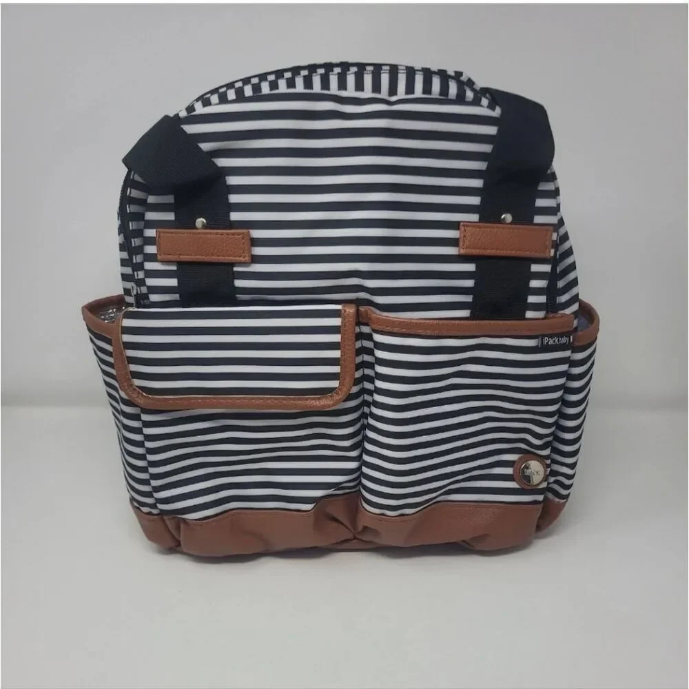 iPack baby bowling diaper bag backpack black white striped faux vegan leather